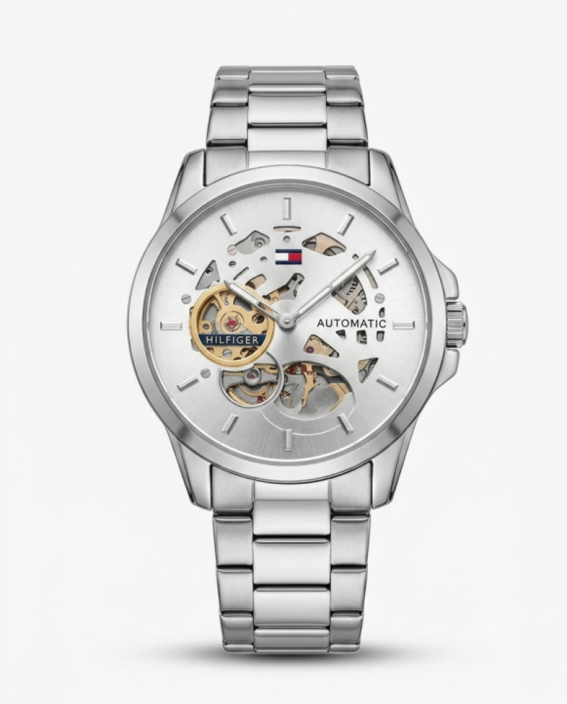 TOMMY HILFIGE SKELETON AUTOMATIC SILVER WHITE 587