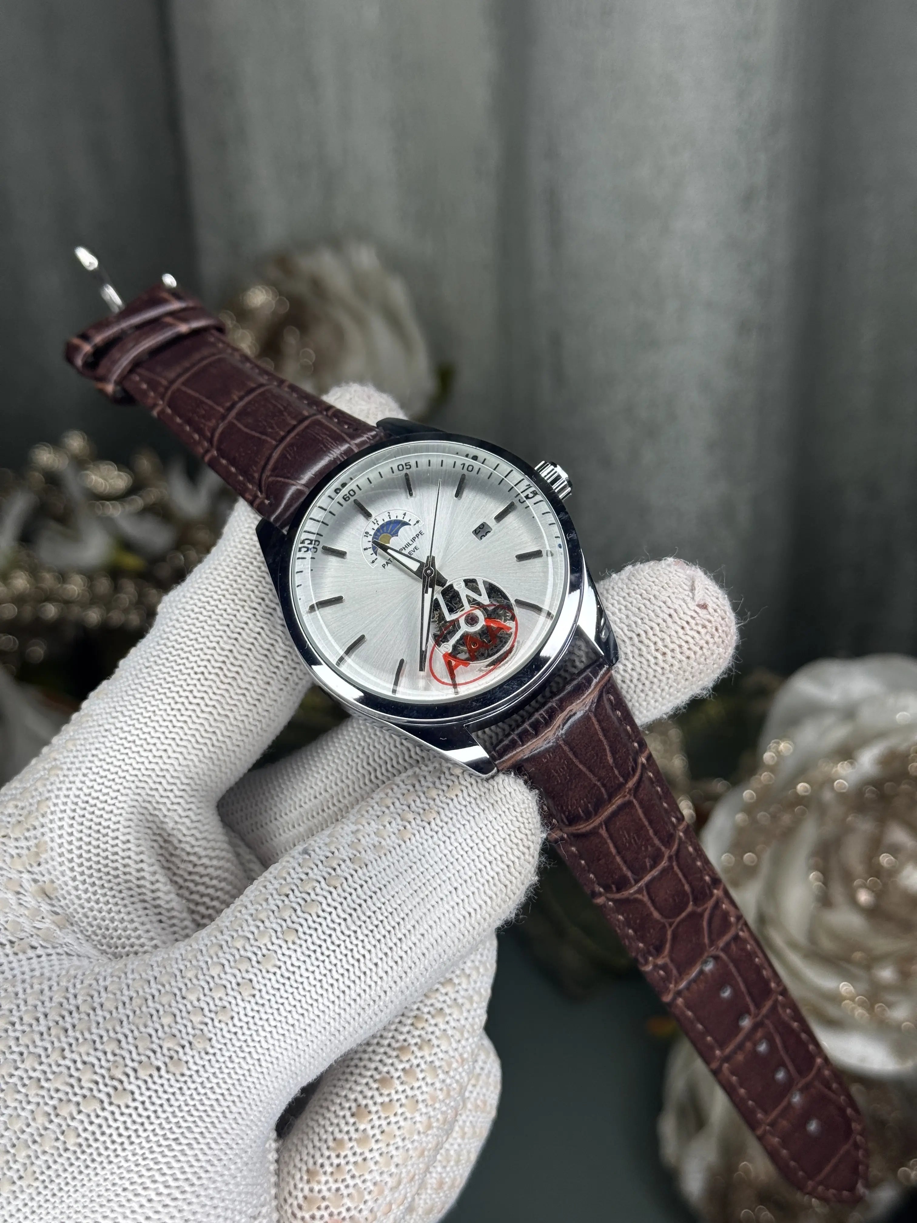 Patek Philipp e Brown White Leather Strap Premium Watch