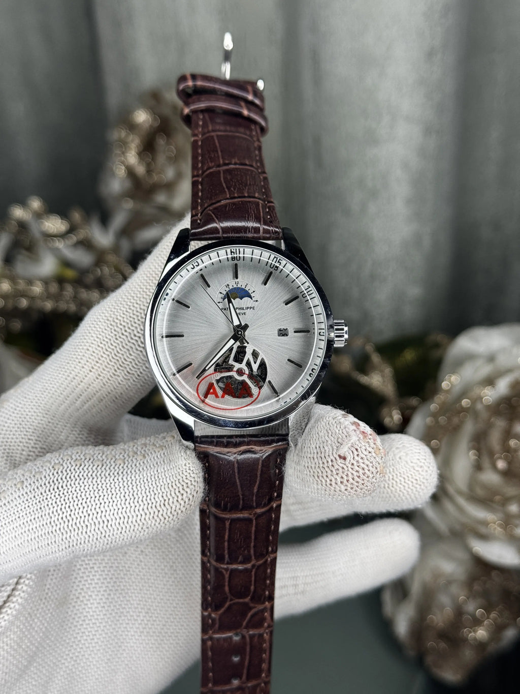 Patek Philipp e Brown White Leather Strap Premium Watch
