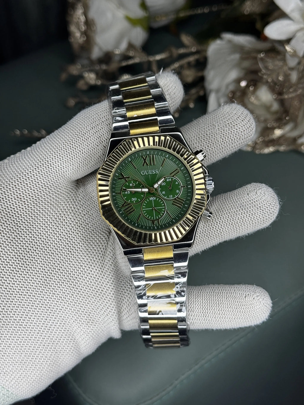 Gues s Eqaulity Dual Tone Green Premium Chronograph Watch