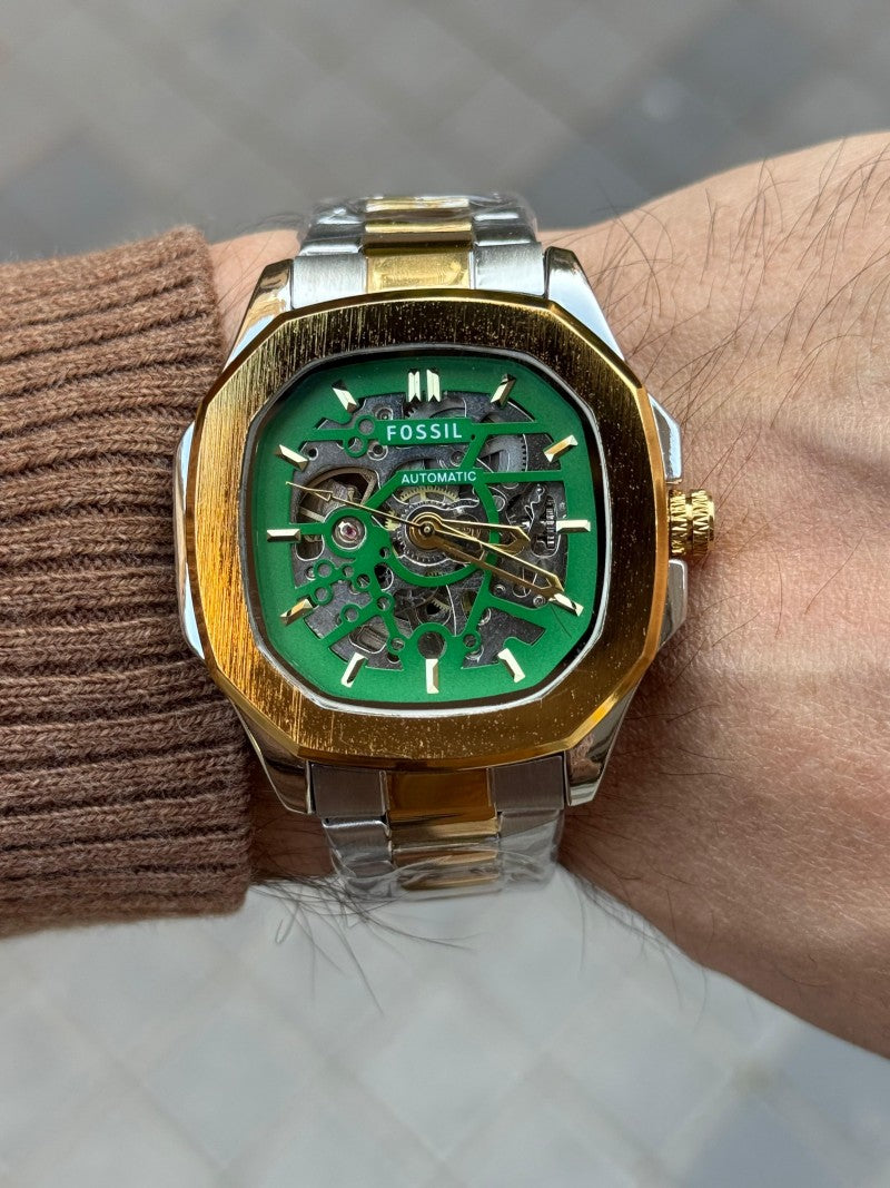 Fossi l Skeleton Square Automatic Gold Two Tone Green Dial Main image